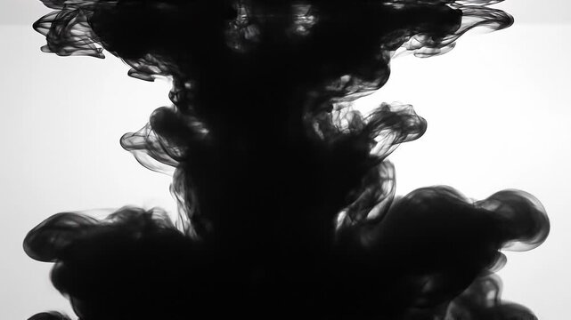 Black ink swirling in water creating abstract dark smoke shapes on white background