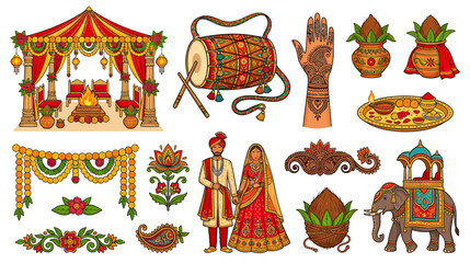 Fototapeta premium Indian Wedding Ceremony Elements and Couple Illustration