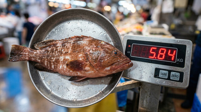 Whole Grouper Fish on Digital Scale at Wet Market