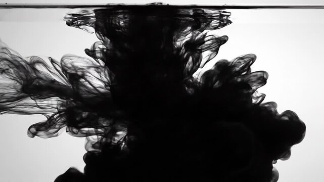 Black ink swirling in clear water with smoke-like abstract patterns and fluid motion on white background