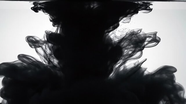 Abstract black ink swirling in water creating dramatic smoke cloud effect on white background