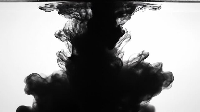 Black ink swirling in water creating abstract smoke like patterns on white background