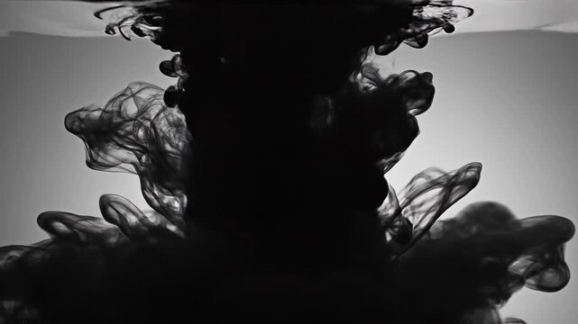 Black ink swirling in water creating abstract fluid smoke shapes with high contrast and soft edges