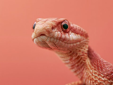Close-up Portrait of a Red Snake with Detailed Scales on Solid Peach Background