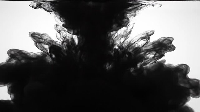 Black ink swirling in water creating abstract patterns with white background artistic liquid design