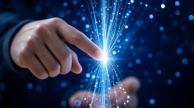Finger pressing bright glowing digital core with subtle reflections on dark surface representing the genesis of advanced artificial smart systems and modern cyberspace connectivity.