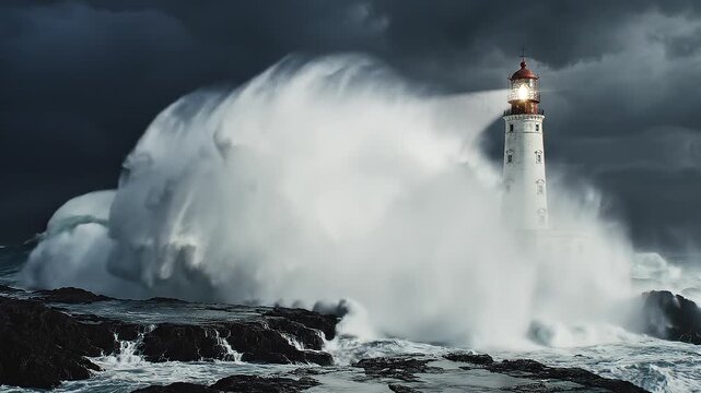 Dramatic lighthouse facing a violent storm with lightning and waves