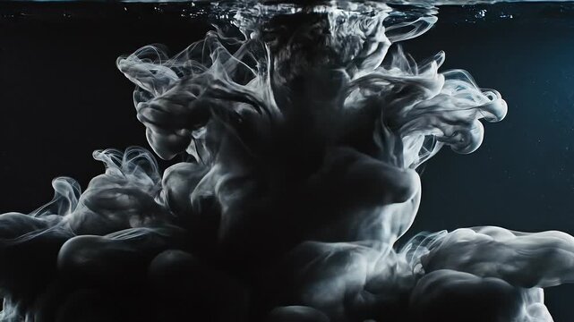 Abstract white ink swirling in dark water with dynamic smoke-like patterns and fluid motion