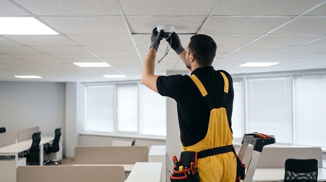 Professional technician in yellow overalls installing security camera on office ceiling using ladder for building safety and monitoring system maintenance service in workplace area