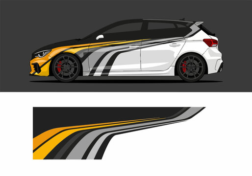 White hatchback car with yellow and black racing stripes