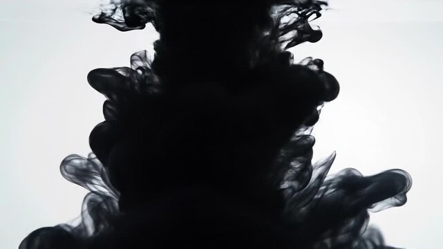 Black ink swirling in water creating abstract shapes and patterns with white background
