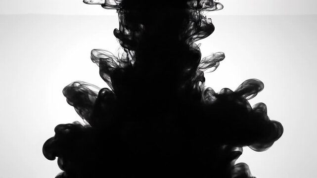 Black ink swirling in water creating abstract fluid shapes on white background
