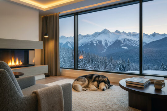 Husky rests beside a floor-to-ceiling window in an upscale mountain resort suite, with snowy peaks visible beyond the cozy interior. Pet-friendly travel concept