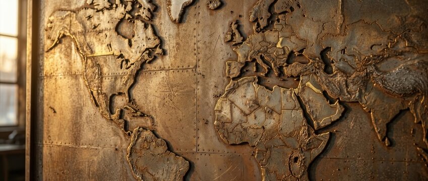 Rustic metal world map wall art with weathered steel texture and warm sunset lighting