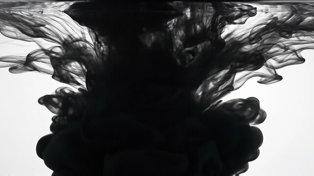 Black ink swirling and mixing in clear water with abstract smoke-like patterns on white background