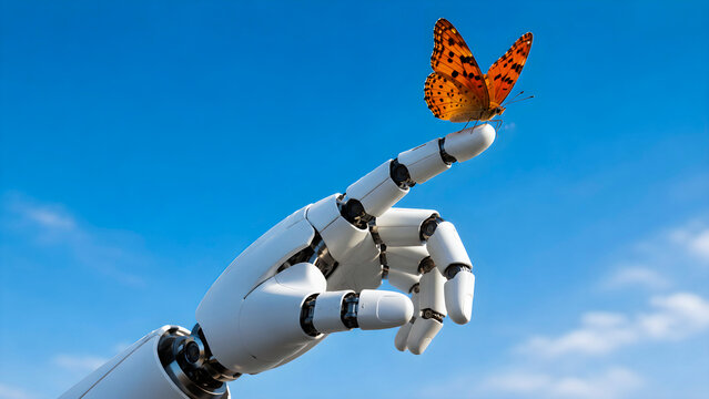 Robotic hand with orange butterfly, white android arm touching nature, futuristic bionic technology concept, artificial intelligence and ecology
