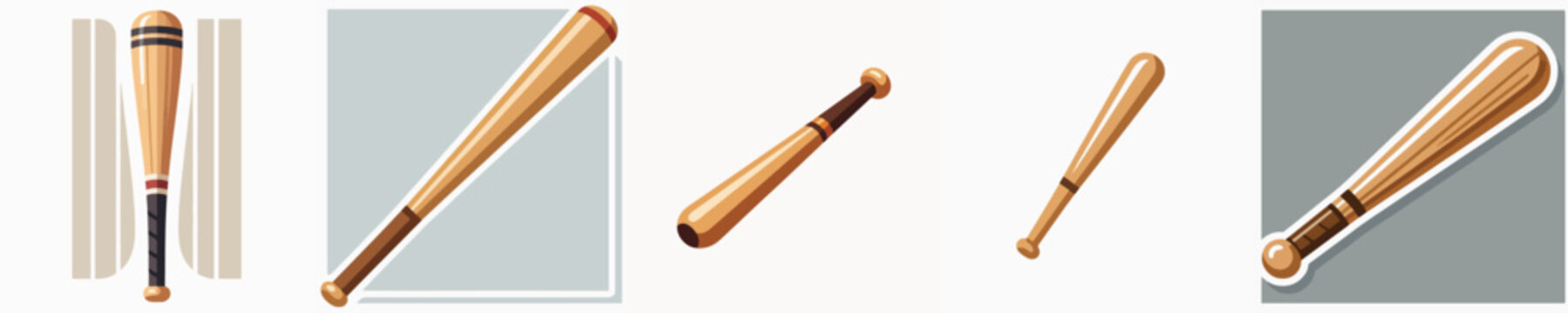 Vector set of wooden baseball bat icons and vector illustrations isolated on a light background