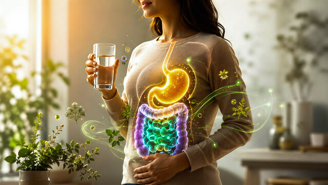 Digestive health concept with glowing stomach and gut anatomy. Woman drinking water for probiotic wellness and intestinal balance.