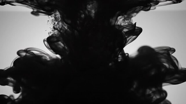Abstract black ink swirling in water with smoke effect on white background artistic fluid motion