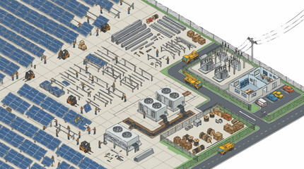 Fototapeta premium Isometric solar power plant layout presenting an expansive installation with logistics areas and substations.