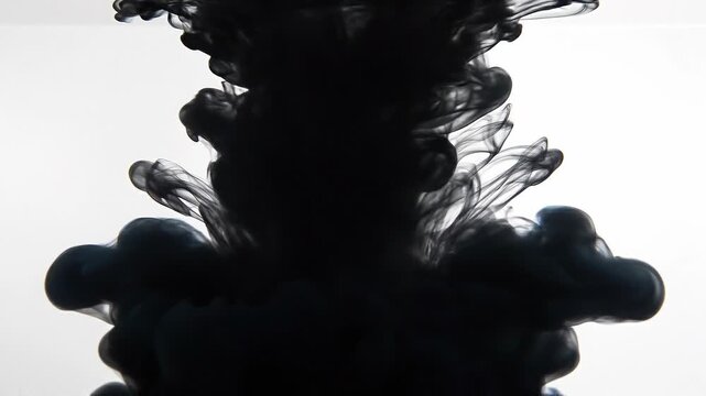 Abstract black ink swirling in clear water creating artistic smoke-like patterns on white background