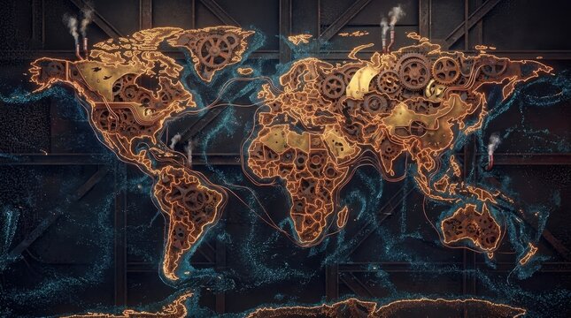 Steampunk world map creative geographic design with metallic gears and glowing orange outlines against a dark industrial metal wall
