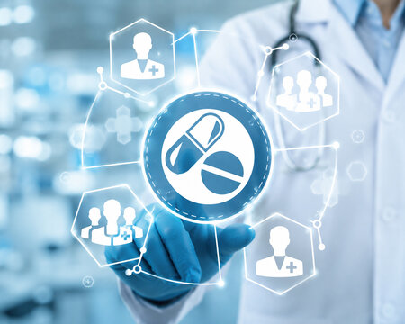 AI generated doctor using digital medicine interface pill icons medical network representing pharmaceutical healthcare technology patient care modern treatment