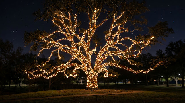 Large tree wrapped in string lights glowing at night