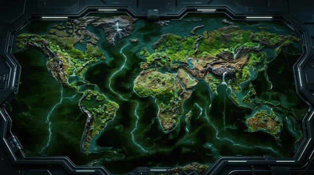 Detailed world map as futuristic globe terrain on sci fi console display