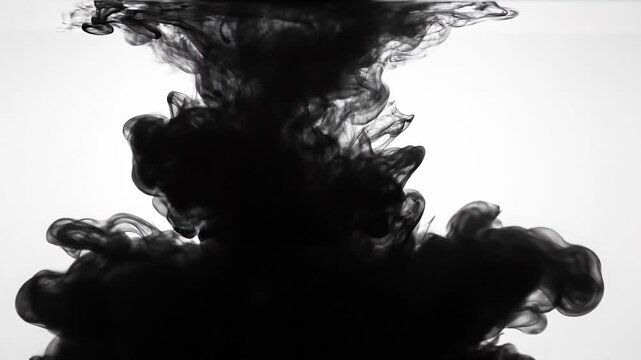 Black ink swirling in water with abstract smoke shapes on white background
