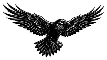 Fototapeta premium Raven spreads its majestic wings wide in a powerful black and white ink illustration that captures the bird in flight with intricate feather details and a sharp, focused expression.