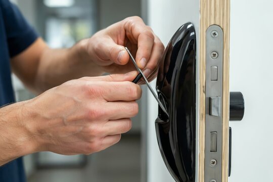 Closeup of a locksmith installing or repairing a modern electronic smart lock on a wooden door in a professional setting