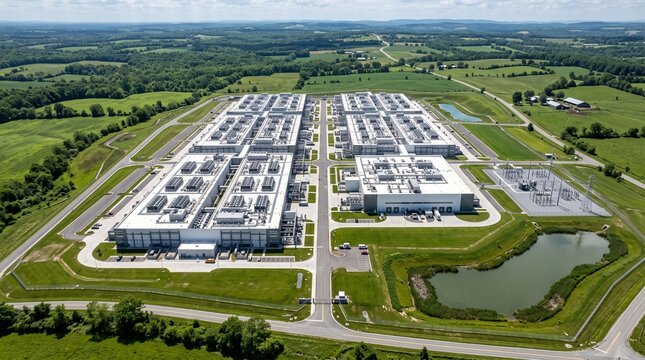 Aerial view of a massive modern data center facility nestled within a sprawling rural landscape with green fields and infrastructure