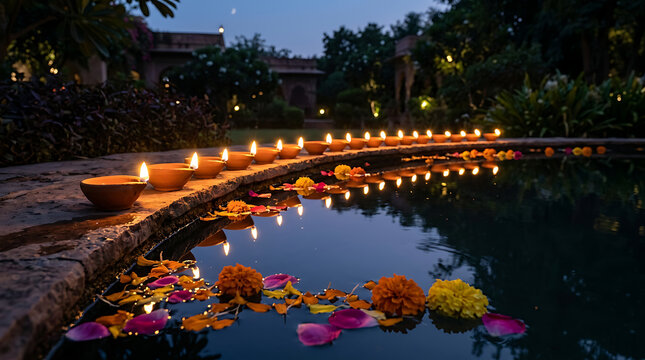 Traditional lit clay lamps beside water pool at dusk