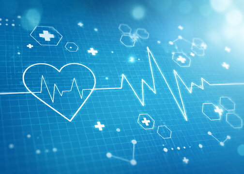 AI generated digital heartbeat heart symbol medical crosses health data grid representing cardiovascular monitoring healthcare technology modern medicine