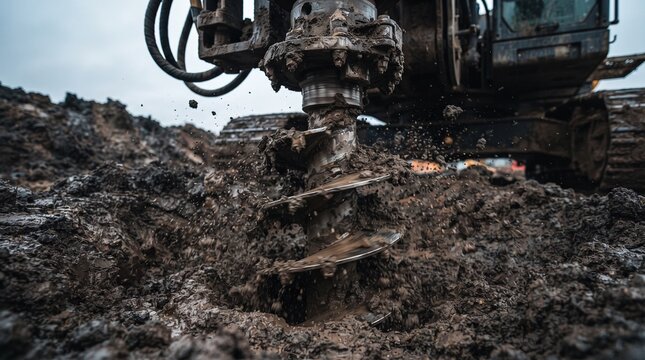 Heavy industrial rotary drilling rig boring into wet mud at a construction site