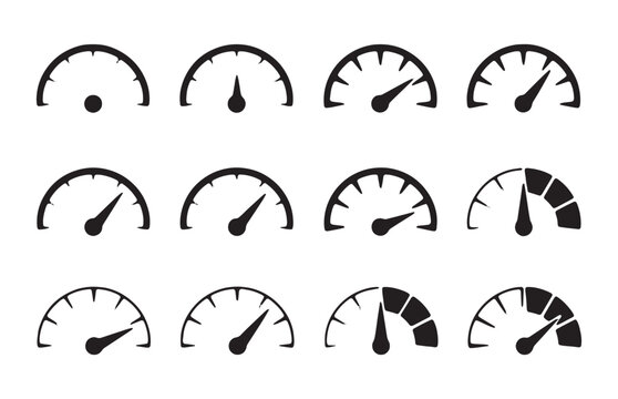 Set of speedometer icons with different gauges indicating speed and performance levels.