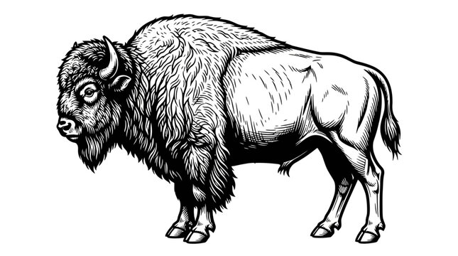 Bison stands in a side profile position showcasing its massive frame and thick fur in this detailed black and white line art drawing that is perfect for professional western wildlife branding.