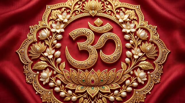 Intricate golden Om symbol with floral pattern on red silk