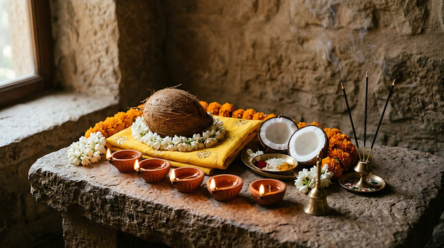 Stone altar arranged with Diwali lamps and coconuts