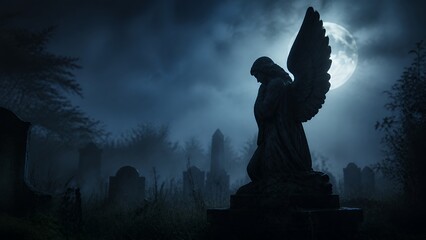 Fototapeta premium Stone Angel Statue In Moonlit Foggy Cemetery