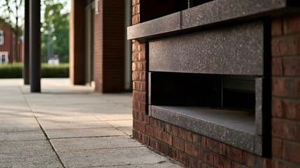 Fototapeta premium Modern brick building exterior with stone recessed mail slot under soft daylight clean sidewalk and columned walkway