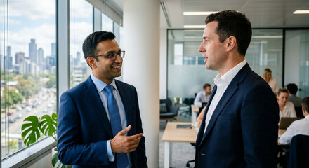 Fototapeta premium Two Diverse Businessmen Discussing Strategy in Modern Corporate Office