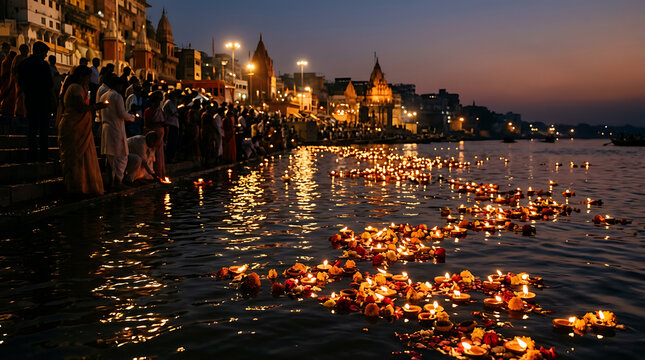 Hindu devotees floating oil lamps on river at dusk