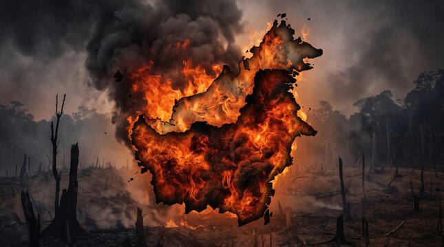 Map of China engulfed in flames, symbolizing destruction and crisis.