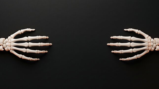 Two realistic human skeleton hands reaching from the sides against a plain dark black background for halloween design