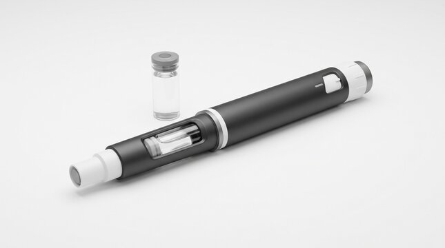 Abnehmspritze. Premium Design Medikamenten Pen f&uuml;r Gewichtsreduktion und medizinische Vorsorge. Vorlage Werbedesign. Muster Spritze. Pr&auml;sentation Werbung.