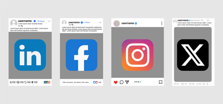 Light social media post mockup set featuring official LinkedIn Facebook Instagram and X icons, clean minimal feed card templates with profile layout, digital marketing vector frame collection