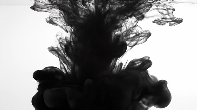 Black ink swirling in water creating abstract smoke-like patterns on white background