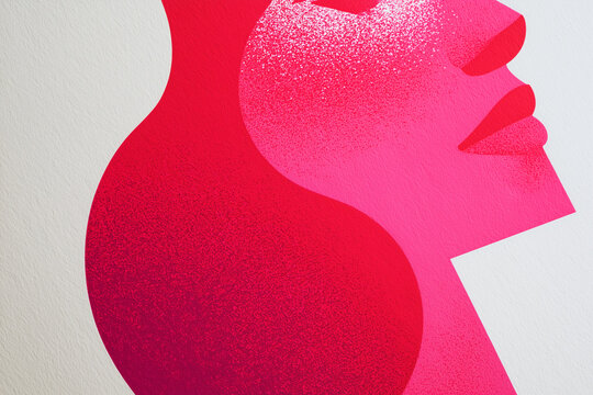  female face abstract graphic print in risograph texture style, pink and red design with white paper background